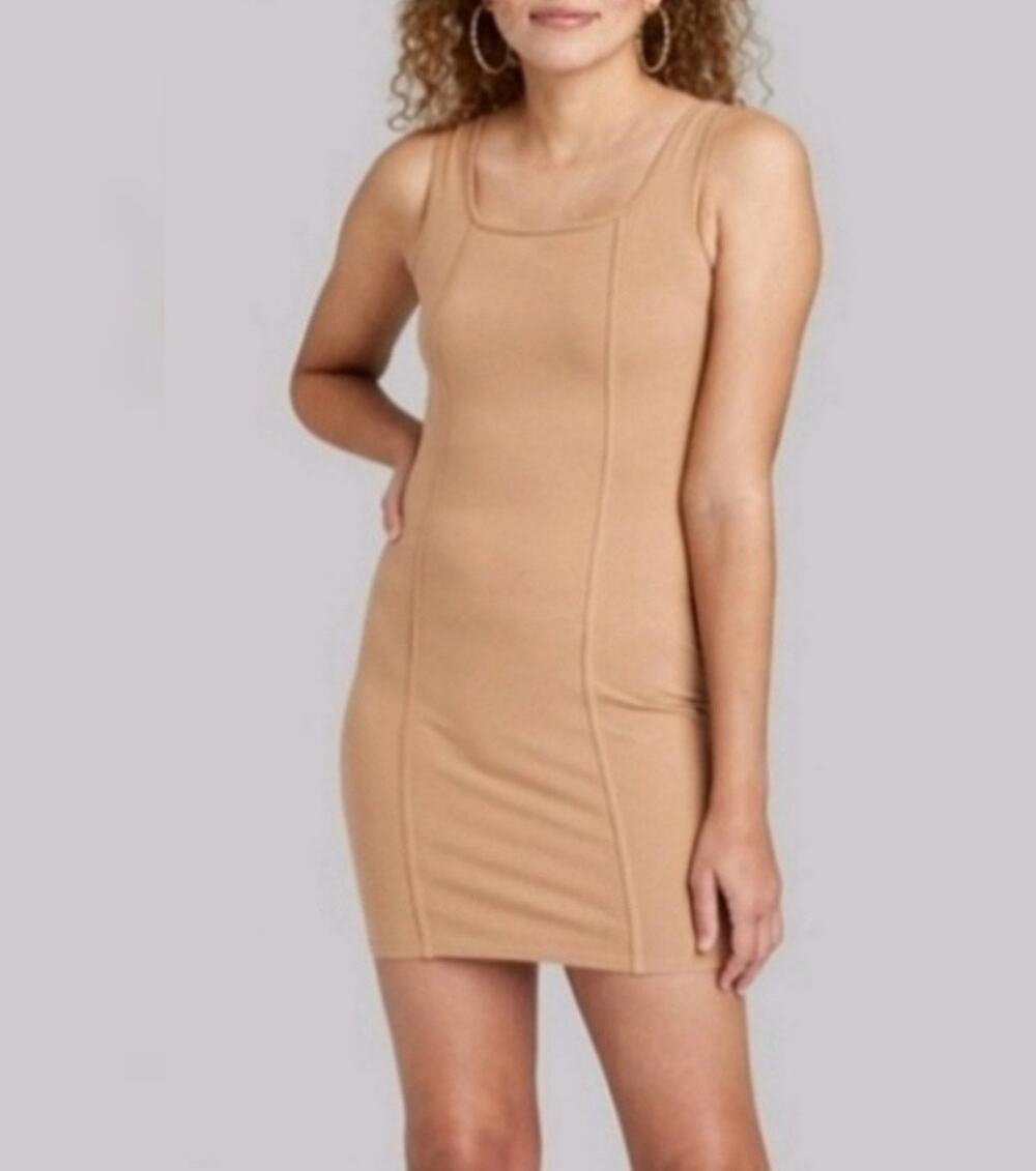 Wild fable Dress Bodycon Seamed Sleeveless Square neck Camel Women's L NWT